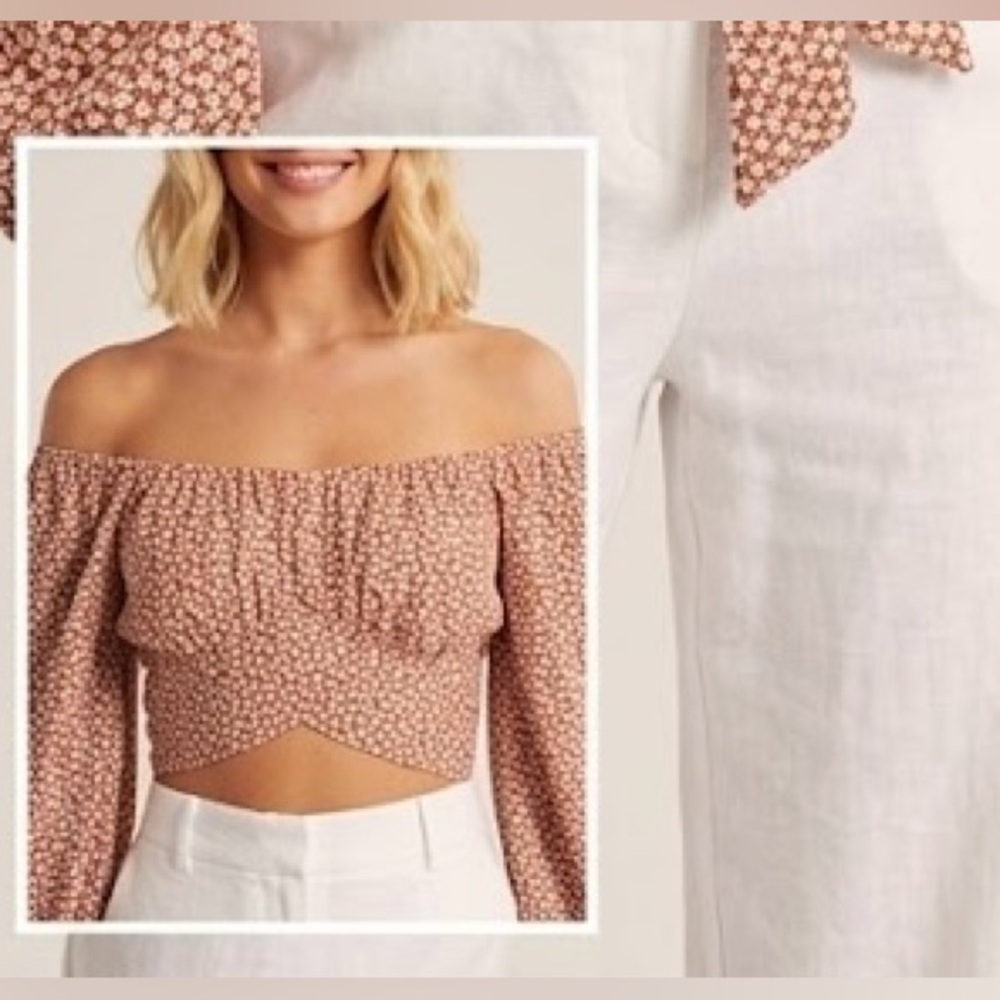 Floral Off-Shoulder Summer Tie-Back Crop Top - Size S-Shell 100% Rayon